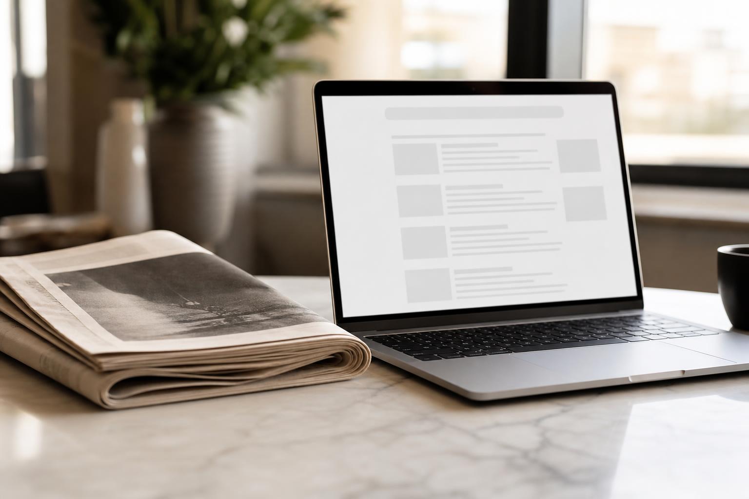 Folded newspaper next to an open laptop showing a search results page — illustrating the work of removing negative news articles from Google.